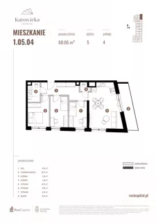 4 pokoje, apartament 68,06 m², piętro 5, oferta nr 1.05.04., Katowicka Residence, Katowice, Bogucice, ul. Katowicka