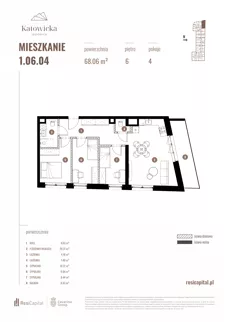 4 pokoje, apartament 68,06 m², piętro 6, oferta nr 1.06.04., Katowicka Residence, Katowice, Bogucice, ul. Katowicka
