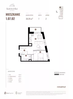 2 pokoje, apartament 39,29 m², piętro 7, oferta nr 1.07.02., Katowicka Residence, Katowice, Bogucice, ul. Katowicka