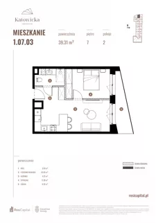 2 pokoje, apartament 39,31 m², piętro 7, oferta nr 1.07.03., Katowicka Residence, Katowice, Bogucice, ul. Katowicka