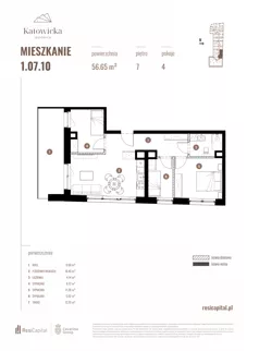 4 pokoje, apartament 56,65 m², piętro 7, oferta nr 1.07.10., Katowicka Residence, Katowice, Bogucice, ul. Katowicka