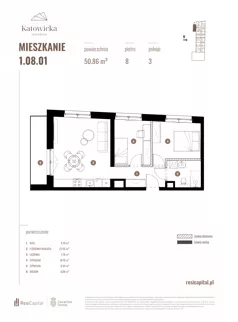 3 pokoje, apartament 50,86 m², piętro 8, oferta nr 1.08.01., Katowicka Residence, Katowice, Bogucice, ul. Katowicka