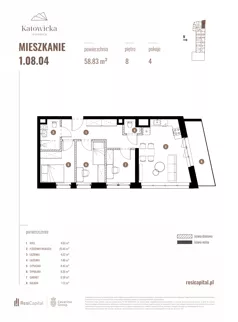 4 pokoje, apartament 58,83 m², piętro 8, oferta nr 1.08.04., Katowicka Residence, Katowice, Bogucice, ul. Katowicka