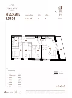 4 pokoje, apartament 68,11 m², piętro 9, oferta nr 1.09.04., Katowicka Residence, Katowice, Bogucice, ul. Katowicka