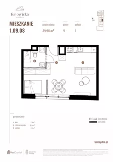 1 pokój, apartament 39,98 m², piętro 9, oferta nr 1.09.08., Katowicka Residence, Katowice, Bogucice, ul. Katowicka