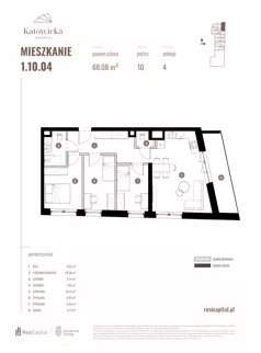 4 pokoje, apartament 68,08 m², piętro 10, oferta nr 1.10.04., Katowicka Residence, Katowice, Bogucice, ul. Katowicka