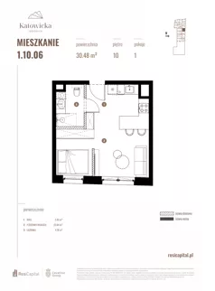 1 pokój, apartament 30,48 m², piętro 10, oferta nr 1.10.06., Katowicka Residence, Katowice, Bogucice, ul. Katowicka