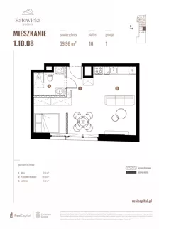 1 pokój, apartament 39,96 m², piętro 10, oferta nr 1.10.08., Katowicka Residence, Katowice, Bogucice, ul. Katowicka