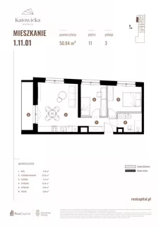 3 pokoje, apartament 50,84 m², piętro 11, oferta nr 1.11.01., Katowicka Residence, Katowice, Bogucice, ul. Katowicka