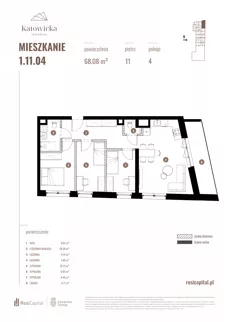 4 pokoje, apartament 68,08 m², piętro 11, oferta nr 1.11.04., Katowicka Residence, Katowice, Bogucice, ul. Katowicka