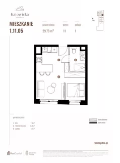1 pokój, apartament 29,73 m², piętro 11, oferta nr 1.11.05., Katowicka Residence, Katowice, Bogucice, ul. Katowicka