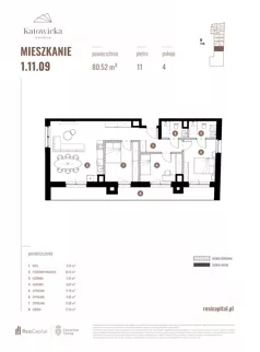 4 pokoje, apartament 80,52 m², piętro 11, oferta nr 1.11.09., Katowicka Residence, Katowice, Bogucice, ul. Katowicka