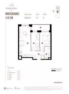 3 pokoje, apartament 54,19 m², piętro 11, oferta nr 1.11.10., Katowicka Residence, Katowice, Bogucice, ul. Katowicka