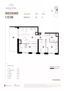 4 pokoje, apartament 68,45 m², piętro 12, oferta nr 1.12.06., Katowicka Residence, Katowice, Bogucice, ul. Katowicka