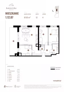 4 pokoje, apartament 87,63 m², piętro 12, oferta nr 1.12.07., Katowicka Residence, Katowice, Bogucice, ul. Katowicka