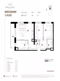 4 pokoje, apartament 88,17 m², piętro 14, oferta nr 1.14.07., Katowicka Residence, Katowice, Bogucice, ul. Katowicka