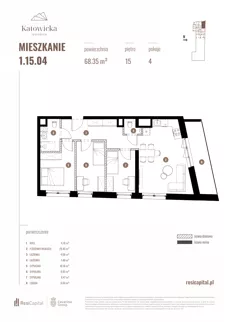 4 pokoje, apartament 68,35 m², piętro 15, oferta nr 1.15.04., Katowicka Residence, Katowice, Bogucice, ul. Katowicka