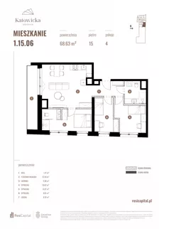4 pokoje, apartament 68,63 m², piętro 15, oferta nr 1.15.06., Katowicka Residence, Katowice, Bogucice, ul. Katowicka