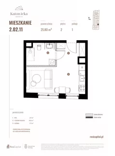 1 pokój, apartament 25,80 m², piętro 2, oferta nr 2.02.11., Katowicka Residence, Katowice, Bogucice, ul. Katowicka