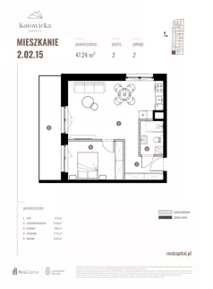 2 pokoje, apartament 47,24 m², piętro 2, oferta nr 2.02.15., Katowicka Residence, Katowice, Bogucice, ul. Katowicka