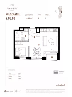 1 pokój, apartament 36,84 m², piętro 3, oferta nr 2.03.08., Katowicka Residence, Katowice, Bogucice, ul. Katowicka