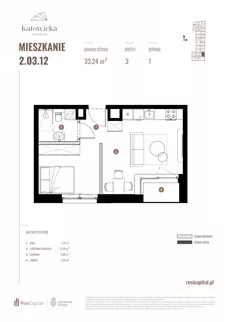 1 pokój, apartament 33,24 m², piętro 3, oferta nr 2.03.12., Katowicka Residence, Katowice, Bogucice, ul. Katowicka
