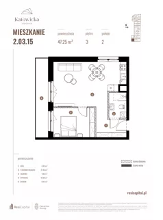 2 pokoje, apartament 47,25 m², piętro 3, oferta nr 2.03.15., Katowicka Residence, Katowice, Bogucice, ul. Katowicka