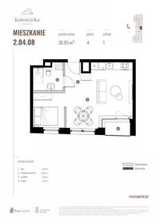 1 pokój, apartament 36,93 m², piętro 4, oferta nr 2.04.08., Katowicka Residence, Katowice, Bogucice, ul. Katowicka