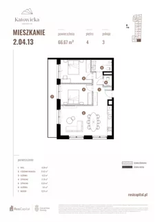 3 pokoje, apartament 66,67 m², piętro 4, oferta nr 2.04.13., Katowicka Residence, Katowice, Bogucice, ul. Katowicka