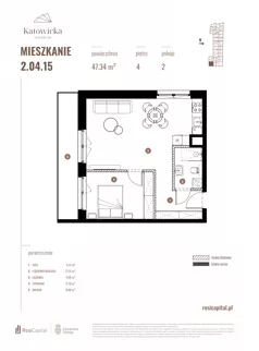 2 pokoje, apartament 47,34 m², piętro 4, oferta nr 2.04.15., Katowicka Residence, Katowice, Bogucice, ul. Katowicka