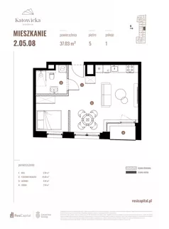 1 pokój, apartament 37,03 m², piętro 5, oferta nr 2.05.08., Katowicka Residence, Katowice, Bogucice, ul. Katowicka