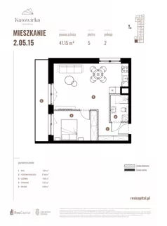 2 pokoje, apartament 47,15 m², piętro 5, oferta nr 2.05.15., Katowicka Residence, Katowice, Bogucice, ul. Katowicka