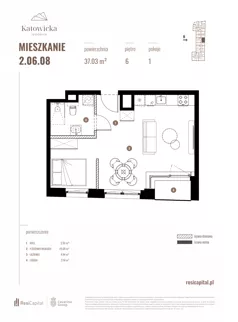 1 pokój, apartament 37,03 m², piętro 6, oferta nr 2.06.08., Katowicka Residence, Katowice, Bogucice, ul. Katowicka