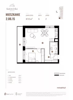 2 pokoje, apartament 47,12 m², piętro 6, oferta nr 2.06.15., Katowicka Residence, Katowice, Bogucice, ul. Katowicka