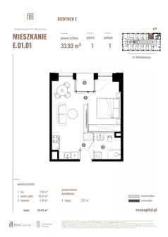 1 pokój, mieszkanie 33,93 m², piętro 1, oferta nr E.01.01, Apartamenty Reytana - Budynek E, Bielsko-Biała, ul. Rejtana