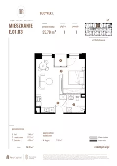 1 pokój, mieszkanie 35,78 m², piętro 1, oferta nr E.01.03, Apartamenty Reytana - Budynek E, Bielsko-Biała, ul. Rejtana