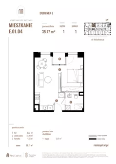 1 pokój, mieszkanie 35,77 m², piętro 1, oferta nr E.01.04, Apartamenty Reytana - Budynek E, Bielsko-Biała, ul. Rejtana