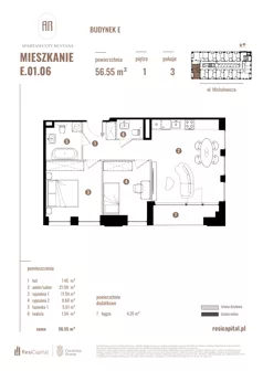 3 pokoje, mieszkanie 56,55 m², piętro 1, oferta nr E.01.06, Apartamenty Reytana - Budynek E, Bielsko-Biała, ul. Rejtana