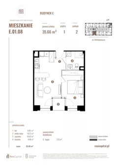 2 pokoje, mieszkanie 35,66 m², piętro 1, oferta nr E.01.08, Apartamenty Reytana - Budynek E, Bielsko-Biała, ul. Rejtana