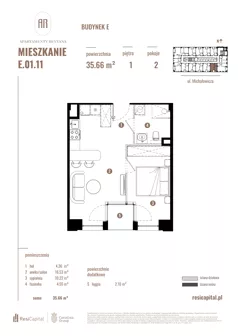 2 pokoje, mieszkanie 35,66 m², piętro 1, oferta nr E.01.11, Apartamenty Reytana - Budynek E, Bielsko-Biała, ul. Rejtana
