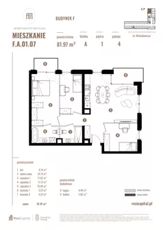 4 pokoje, apartament 81,97 m², piętro 1, oferta nr F.A.01.07, Apartamenty Reytana - Budynek F, Bielsko-Biała, ul. Rejtana