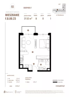 1 pokój, apartament 37,52 m², parter, oferta nr F.B.00.23, Apartamenty Reytana - Budynek F, Bielsko-Biała, ul. Rejtana