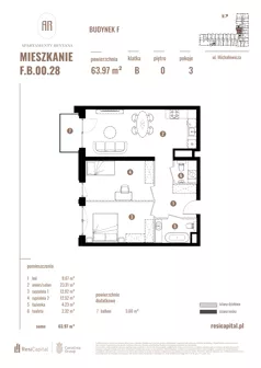 3 pokoje, apartament 63,97 m², parter, oferta nr F.B.00.28, Apartamenty Reytana - Budynek F, Bielsko-Biała, ul. Rejtana