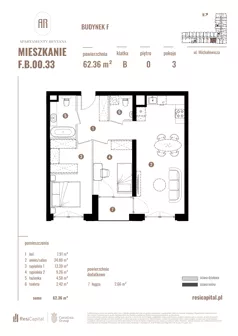 3 pokoje, apartament 62,36 m², parter, oferta nr F.B.00.33, Apartamenty Reytana - Budynek F, Bielsko-Biała, ul. Rejtana