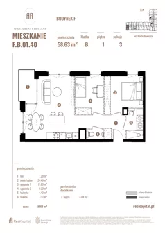 3 pokoje, apartament 58,63 m², piętro 1, oferta nr F.B.01.40, Apartamenty Reytana - Budynek F, Bielsko-Biała, ul. Rejtana