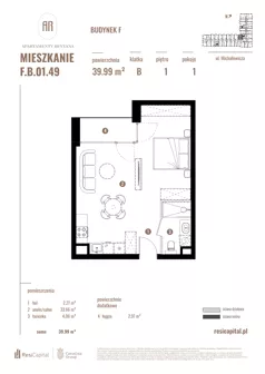 1 pokój, apartament 39,99 m², piętro 1, oferta nr F.B.01.49, Apartamenty Reytana - Budynek F, Bielsko-Biała, ul. Rejtana