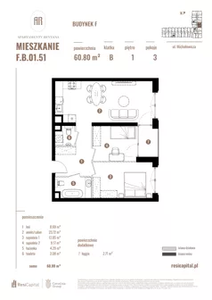 3 pokoje, apartament 60,80 m², piętro 1, oferta nr F.B.01.51, Apartamenty Reytana - Budynek F, Bielsko-Biała, ul. Rejtana