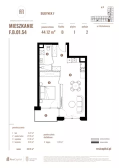2 pokoje, apartament 44,12 m², piętro 1, oferta nr F.B.01.54, Apartamenty Reytana - Budynek F, Bielsko-Biała, ul. Rejtana