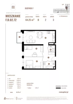 3 pokoje, apartament 64,25 m², piętro 2, oferta nr F.B.02.72, Apartamenty Reytana - Budynek F, Bielsko-Biała, ul. Rejtana