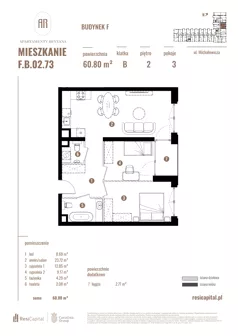 3 pokoje, apartament 60,80 m², piętro 2, oferta nr F.B.02.73, Apartamenty Reytana - Budynek F, Bielsko-Biała, ul. Rejtana